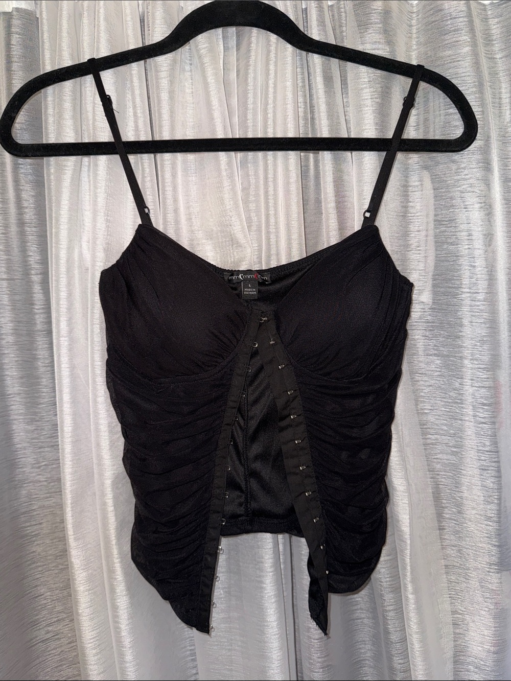 Ruched Black Camisole with Front Hook-and-Eye Closure